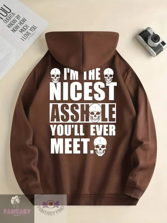 Men’s Stylish Skull & Letters Print Hoodie - ’I’m The Nicest’ Coffee