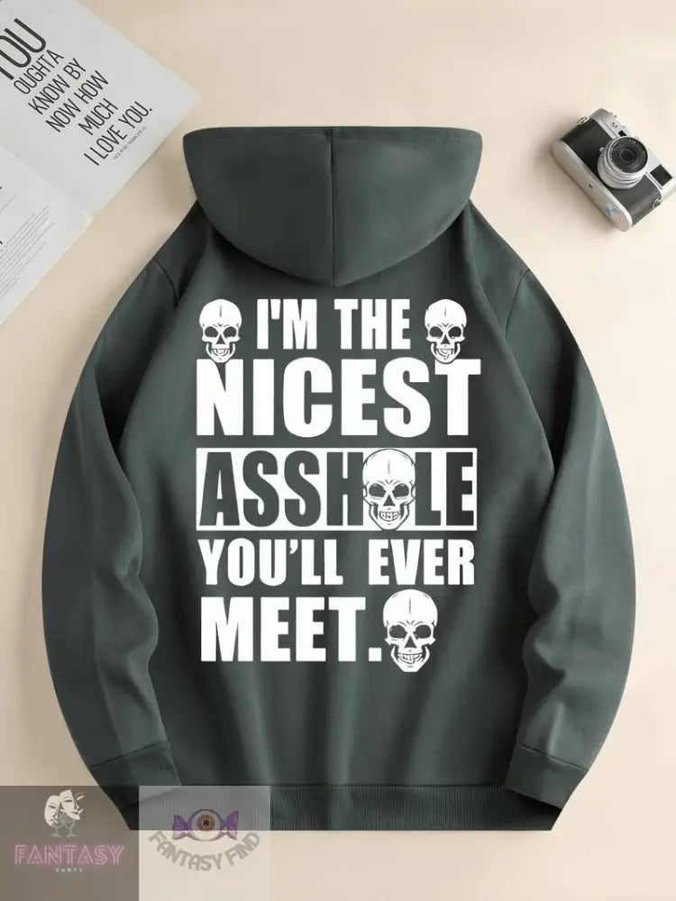 Men’s Stylish Skull & Letters Print Hoodie - ’I’m The Nicest’ Dark Gray