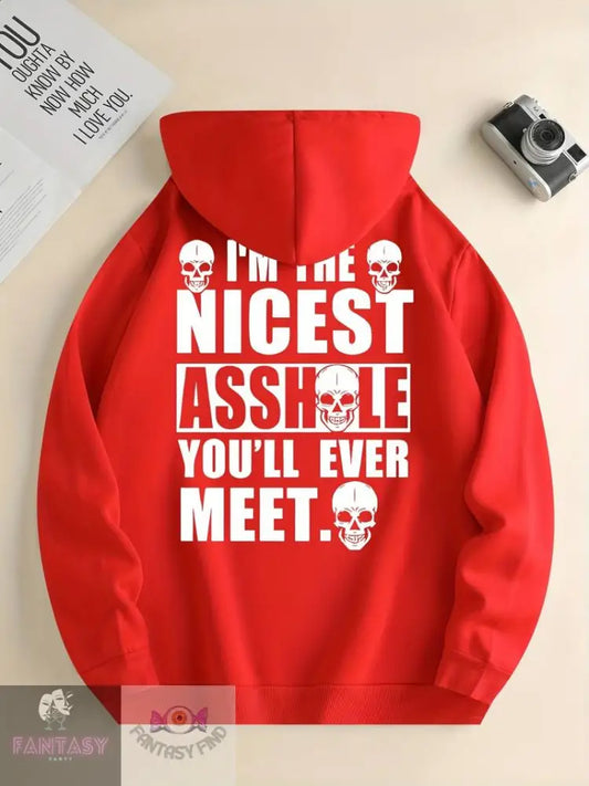 Men’s Stylish Skull & Letters Print Hoodie - ’I’m The Nicest’ Red