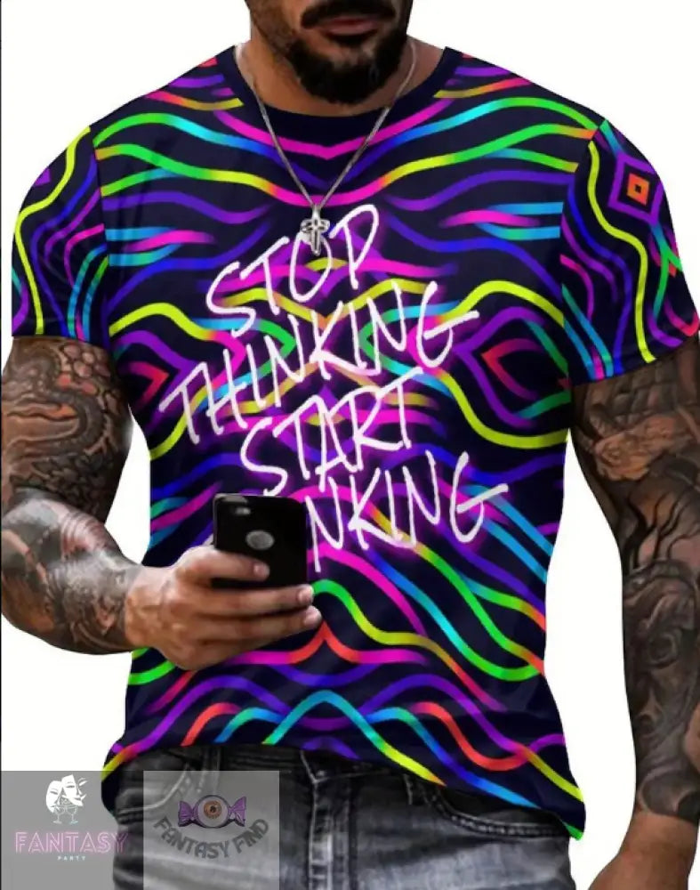 Neon Light And Letter Digital Print Men’s Novelty Short Sleeve Crew Neck T-Shirt - Sizes