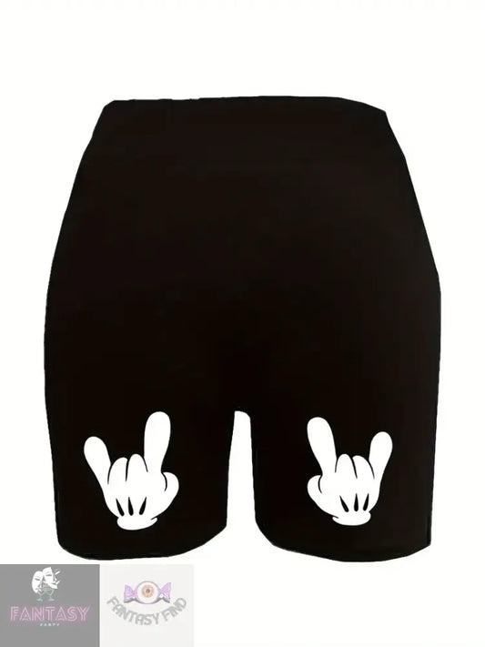 Plus Size Cartoon Hand Print Skinny Shorts - High Waisted Mickey Mouse