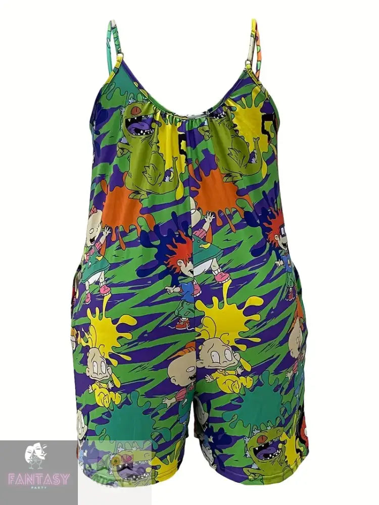 Plus Size Cartoon Print Slip Romper - Multicolour Rugrats