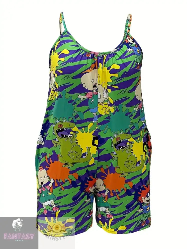 Plus Size Cartoon Print Slip Romper - Multicolour Rugrats