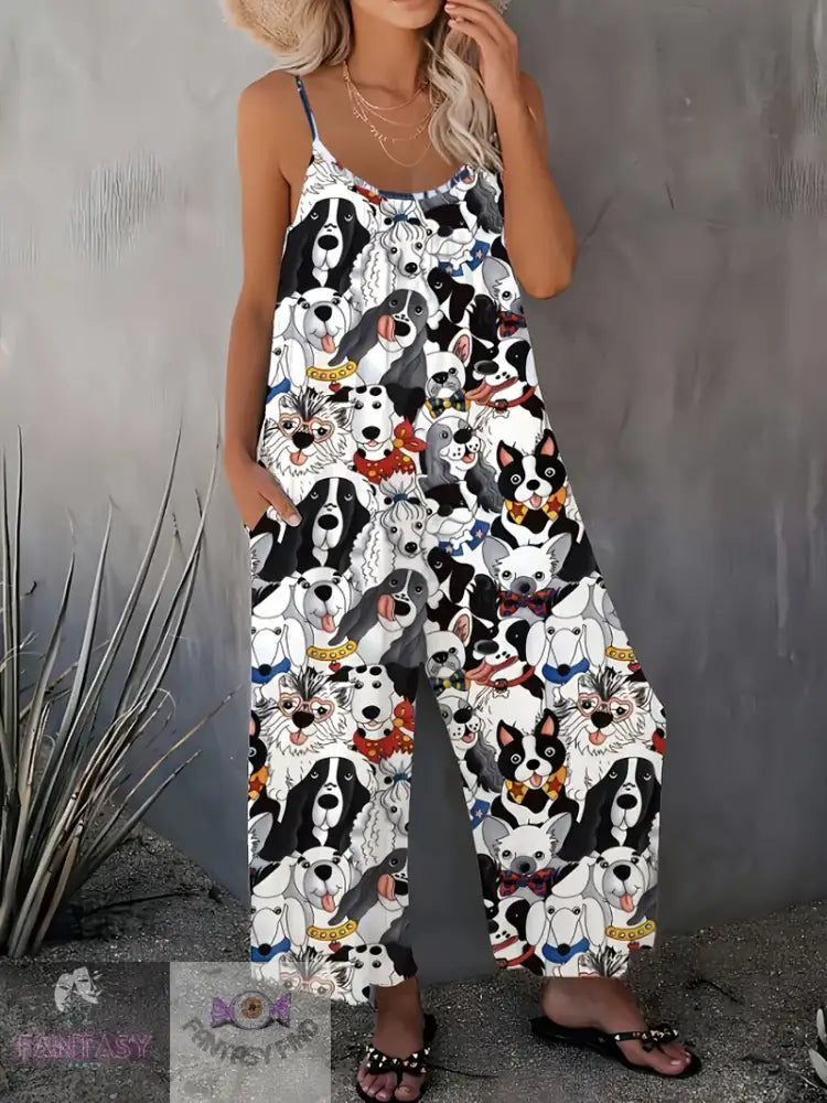 Plus Size Casual Puppy Print Jumpsuit - Black Dogs