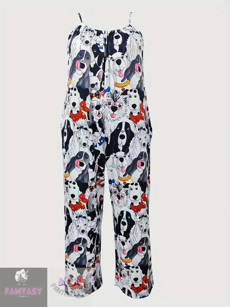 Plus Size Casual Puppy Print Jumpsuit - Black Dogs