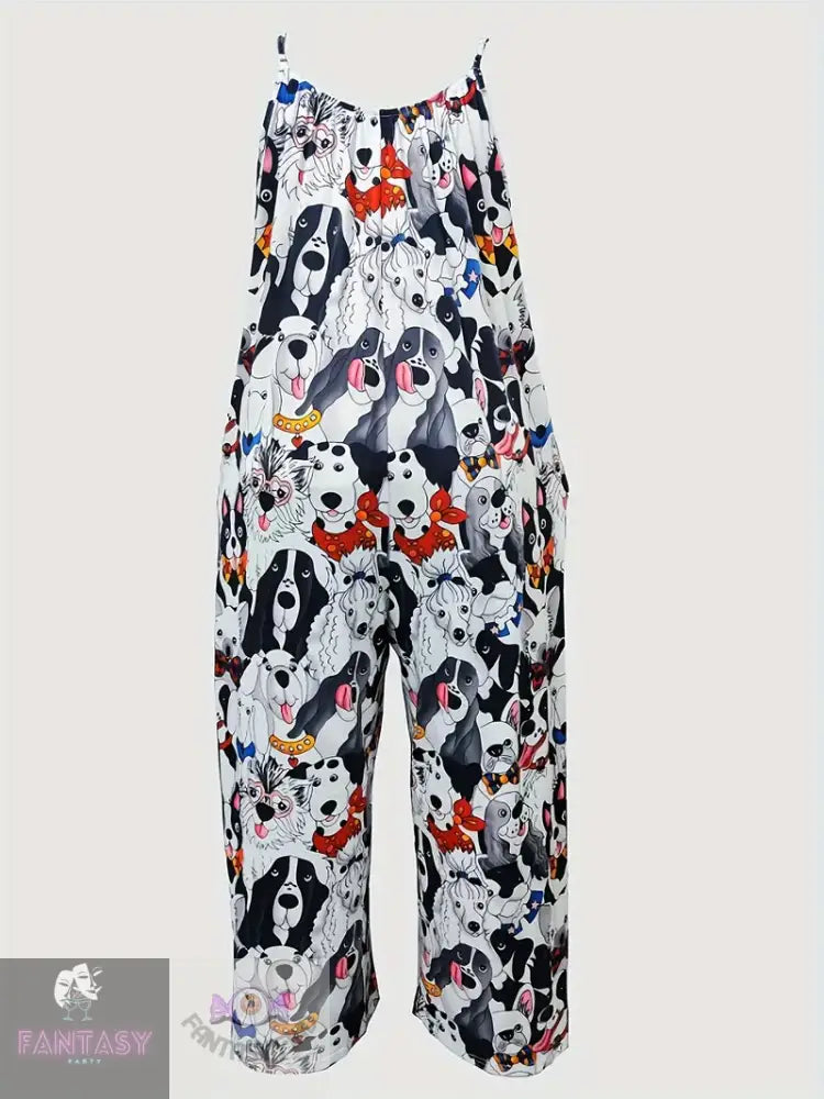 Plus Size Casual Puppy Print Jumpsuit - Black Dogs