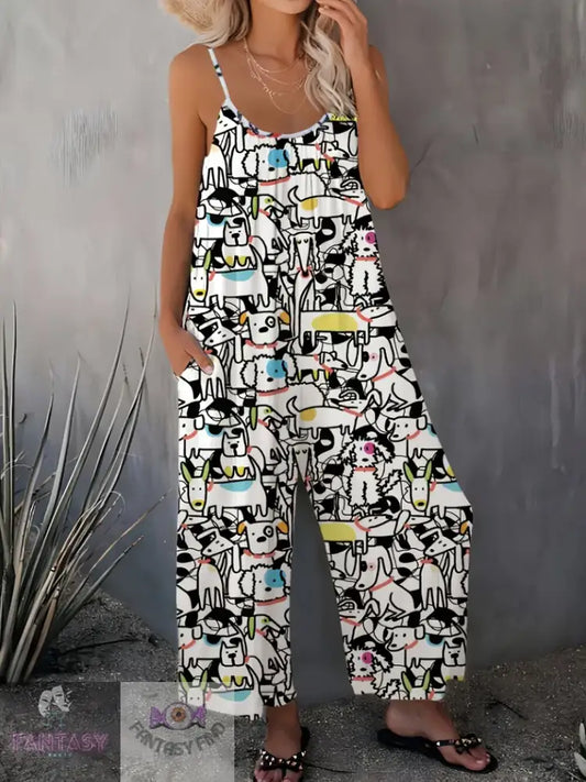 Plus Size Casual Puppy Print Jumpsuit - White Dogs