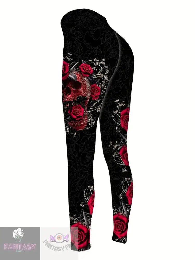 Plus Size Skull & Floral Print Two-Piece Set - Black