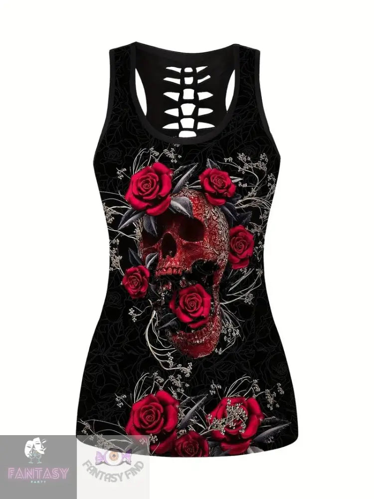 Plus Size Skull & Floral Print Two-Piece Set - Black