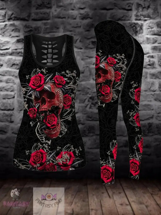 Plus Size Skull & Floral Print Two-Piece Set - Black