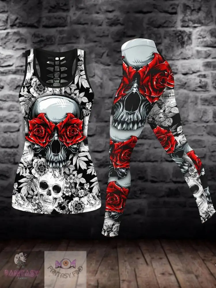 Plus Size Skull & Floral Print Two-Piece Set - Red