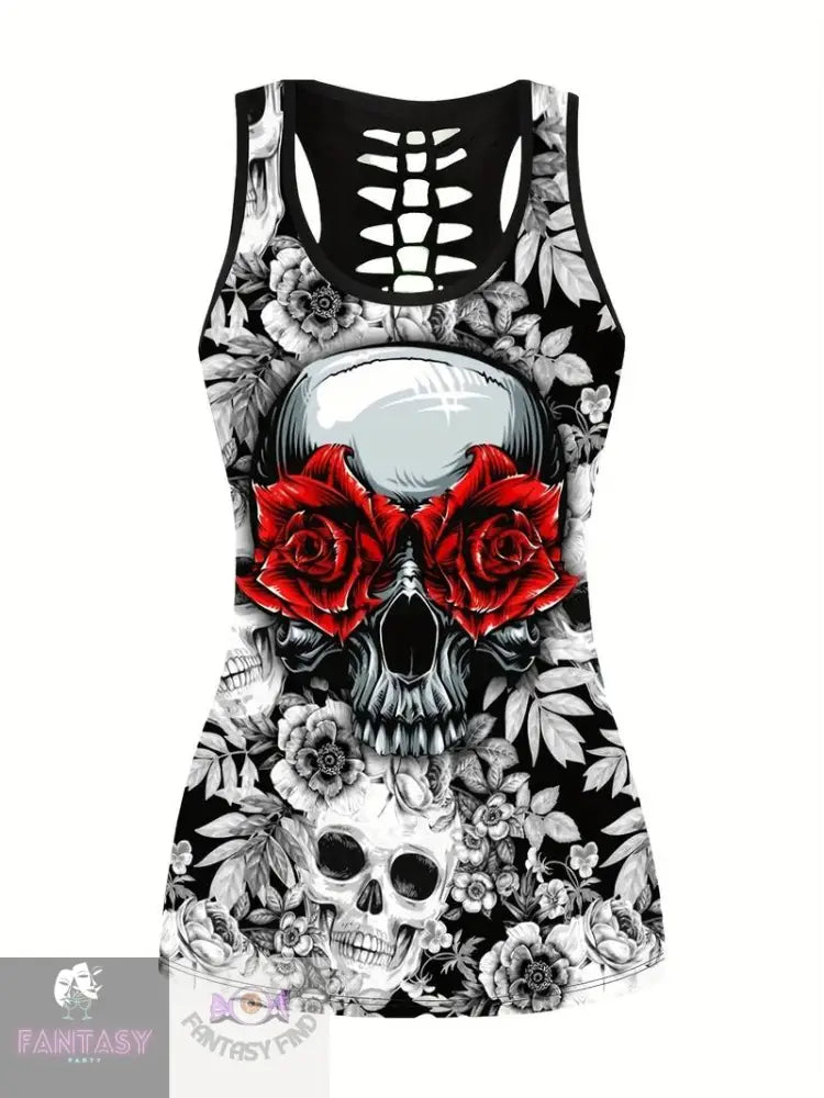 Plus Size Skull & Floral Print Two-Piece Set - Red