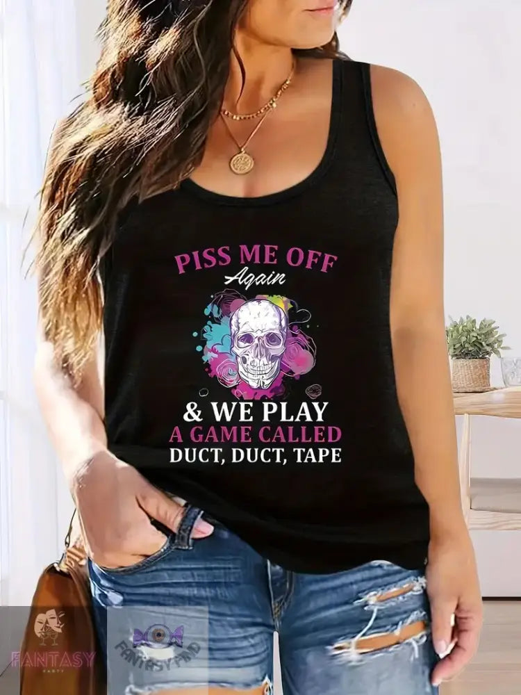 Plus Size Skull & Letter Print Tank Top - Black ’Piss Me Off’