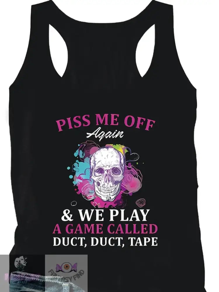 Plus Size Skull & Letter Print Tank Top - Black ’Piss Me Off’