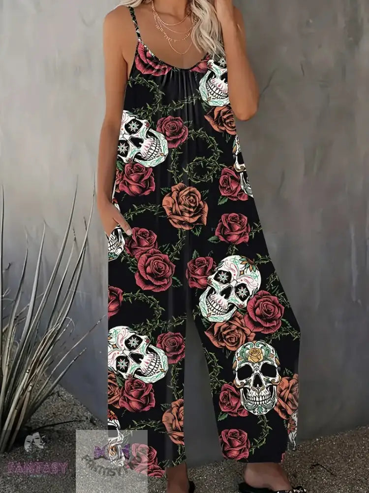 Plus Size Skull Print Slip Jumpsuit - Black