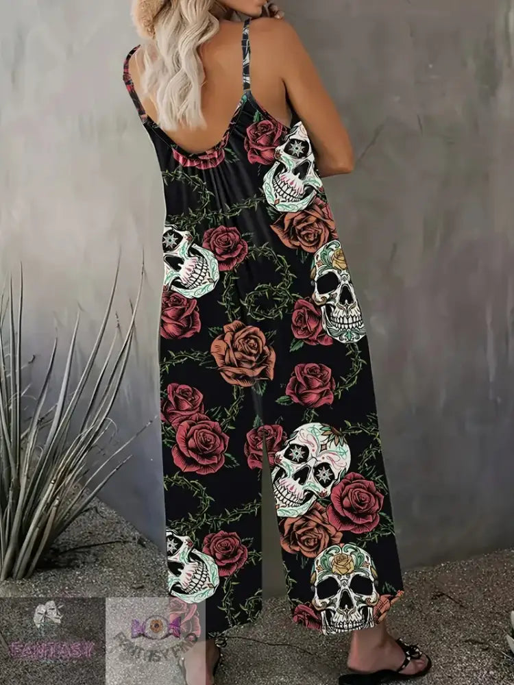 Plus Size Skull Print Slip Jumpsuit - Black