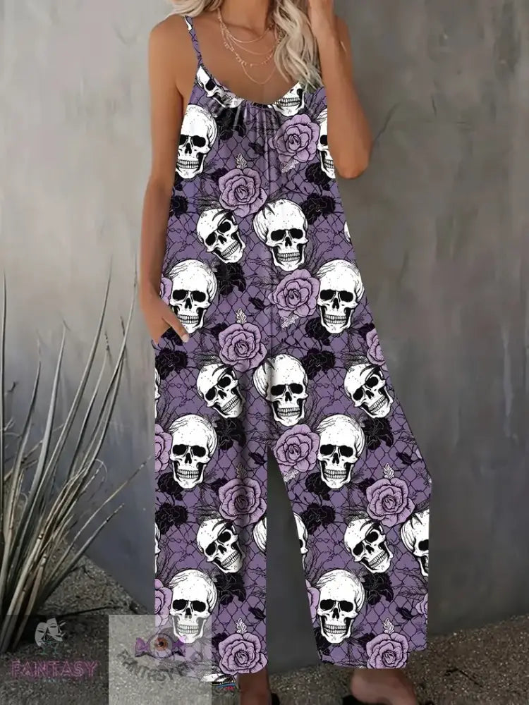 Plus Size Skull Print Slip Jumpsuit - Dark Violet