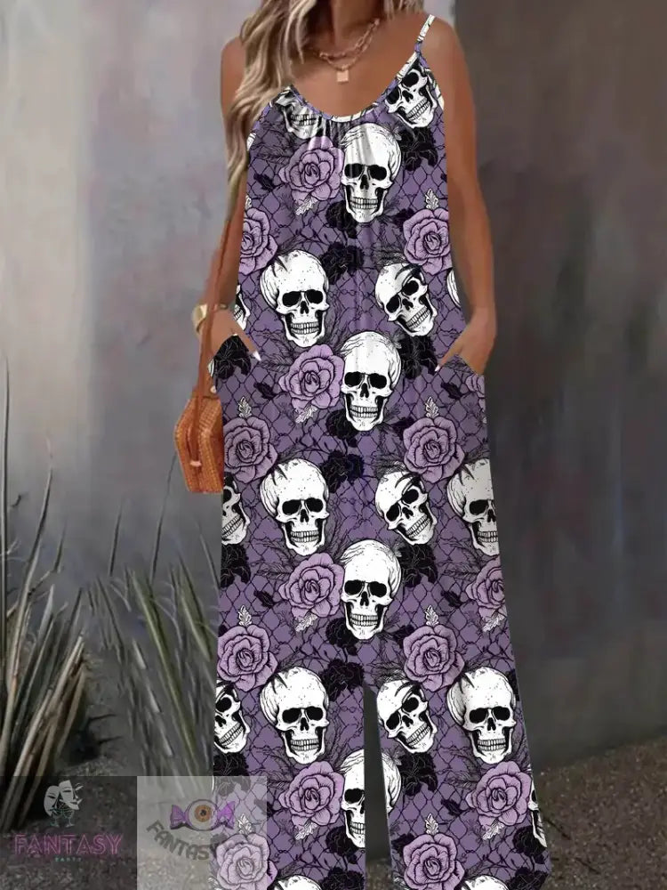 Plus Size Skull Print Slip Jumpsuit - Dark Violet