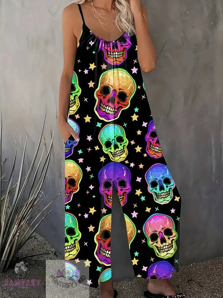 Plus Size Skull Print Slip Jumpsuit - Mixed Colour