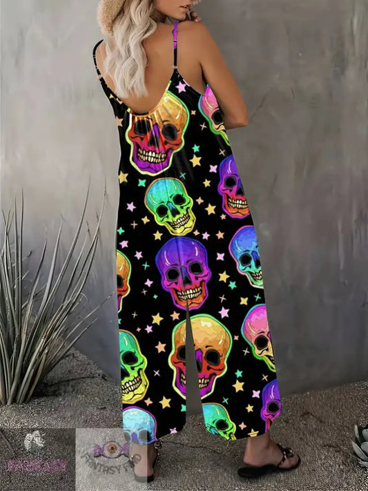 Plus Size Skull Print Slip Jumpsuit - Mixed Colour