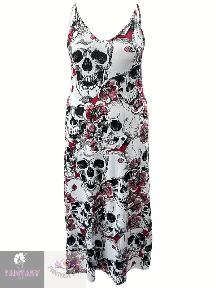 Plus Size Skull Print Slip Jumpsuit - White & Pink Roses