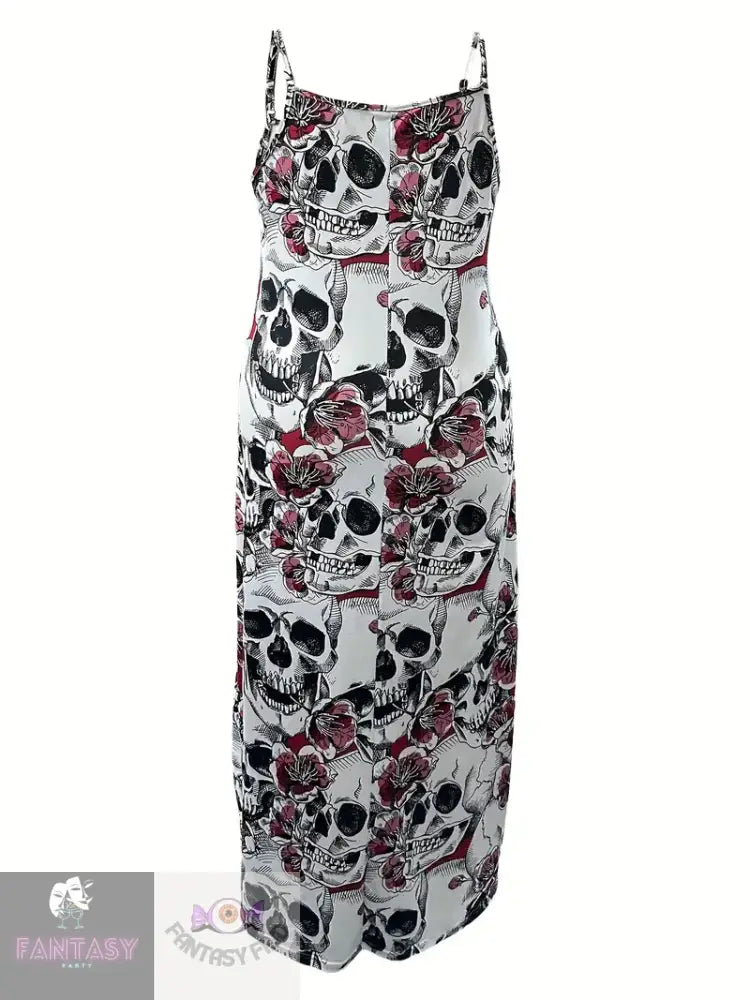 Plus Size Skull Print Slip Jumpsuit - White & Pink Roses