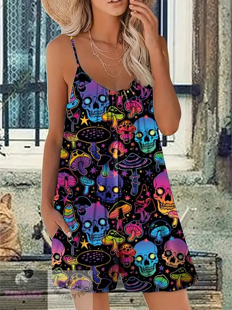 Plus Size Skull Print Slip Romper- Mixed Colour