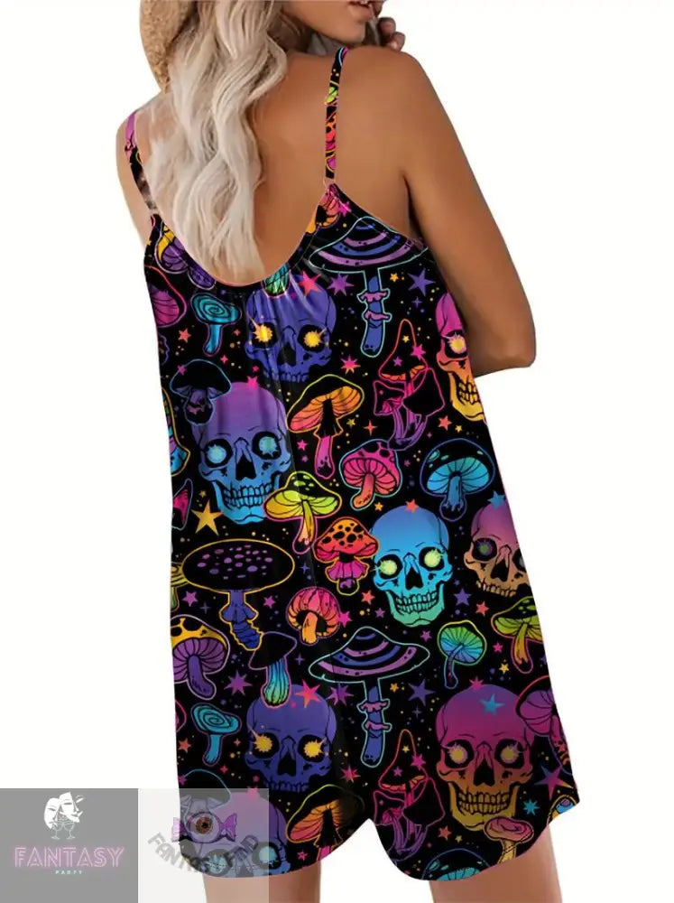 Plus Size Skull Print Slip Romper- Mixed Colour