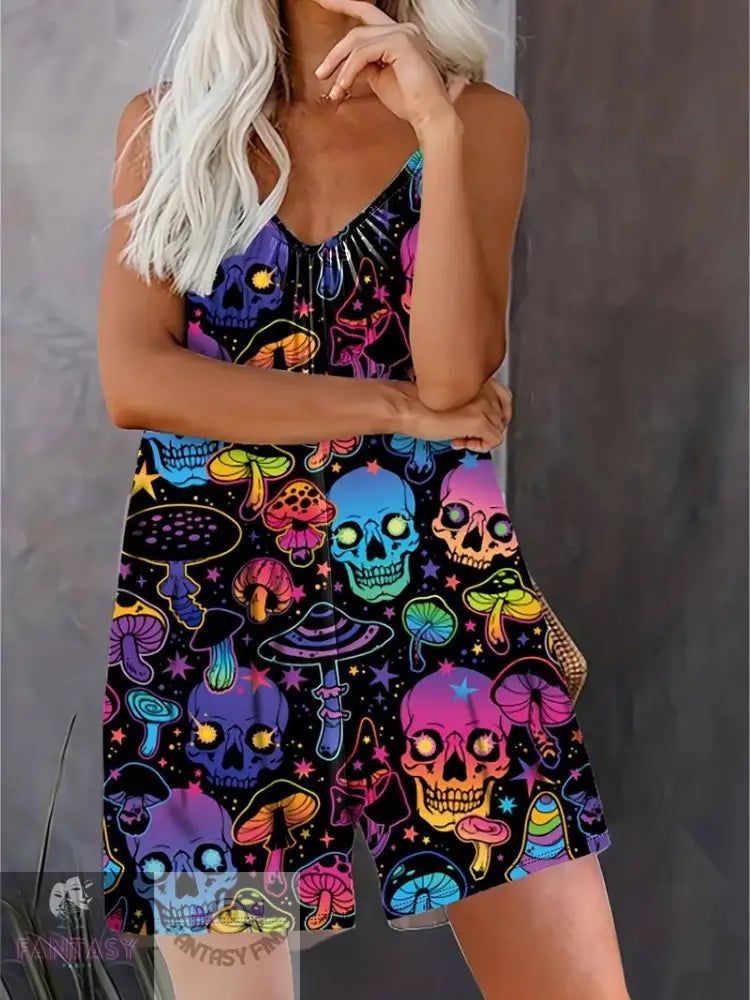 Plus Size Skull Print Slip Romper- Mixed Colour