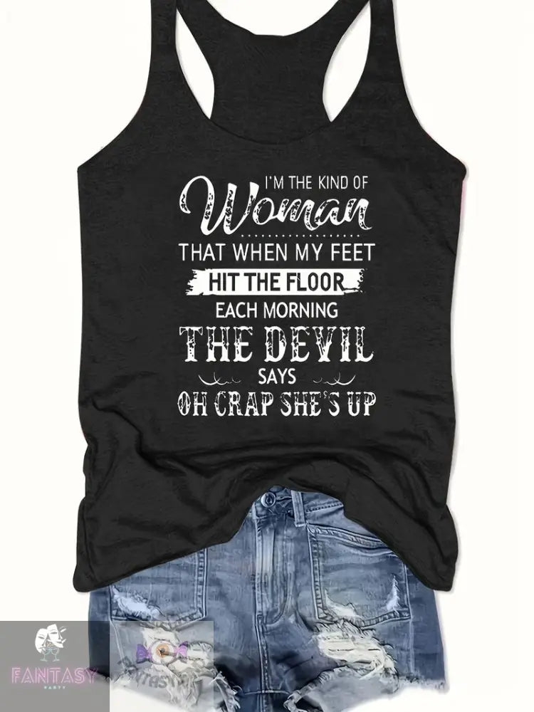 Plus Size Woman Letter Print Tank Top - ’The Devil’ Black