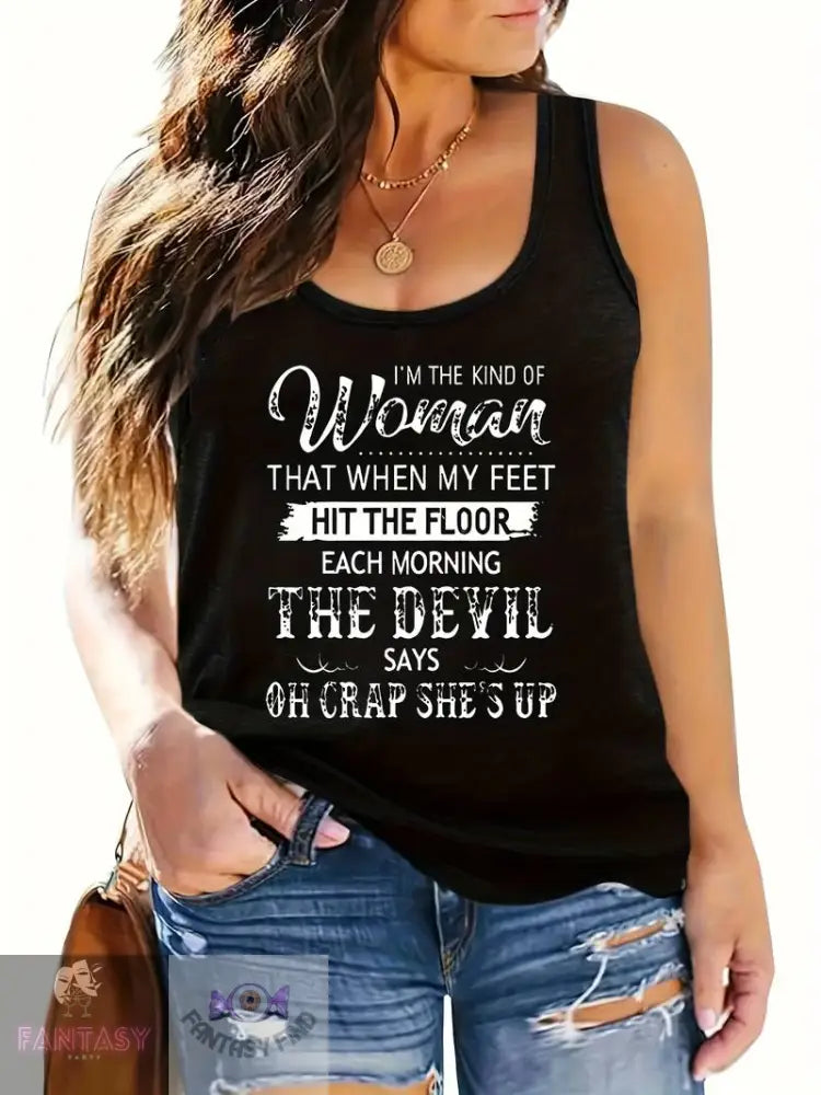 Plus Size Woman Letter Print Tank Top - ’The Devil’ Black