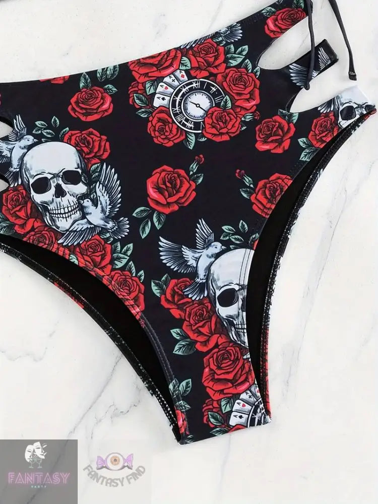 Rose Skull Print Gothic Punk 2 Piece Set Bikini - Black