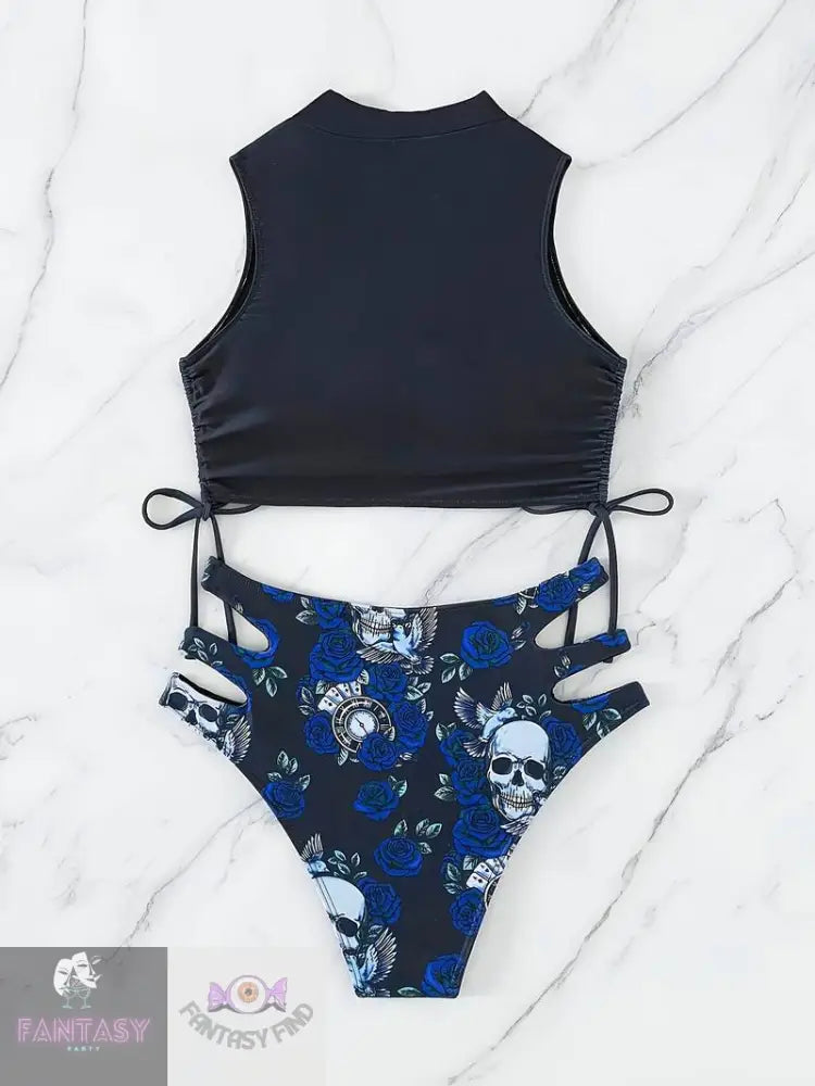 Rose Skull Print Gothic Punk 2 Piece Set Bikini - Blue