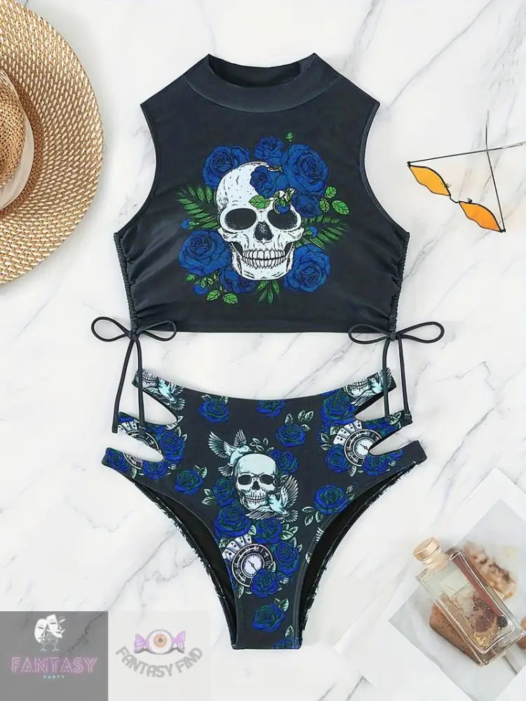 Rose Skull Print Gothic Punk 2 Piece Set Bikini - Blue