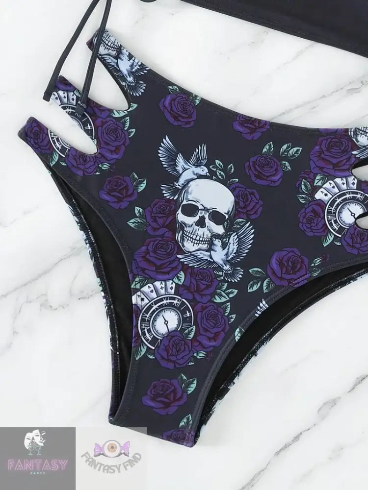 Rose Skull Print Gothic Punk 2 Piece Set Bikini - Purple