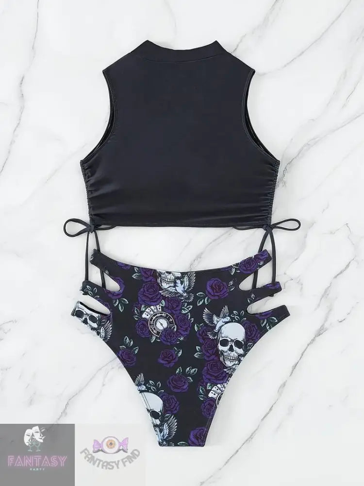 Rose Skull Print Gothic Punk 2 Piece Set Bikini - Purple