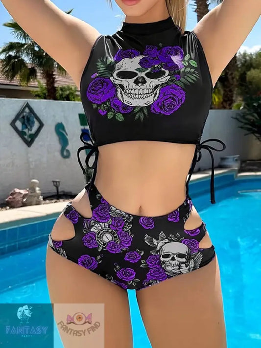 Rose Skull Print Gothic Punk 2 Piece Set Bikini - Purple