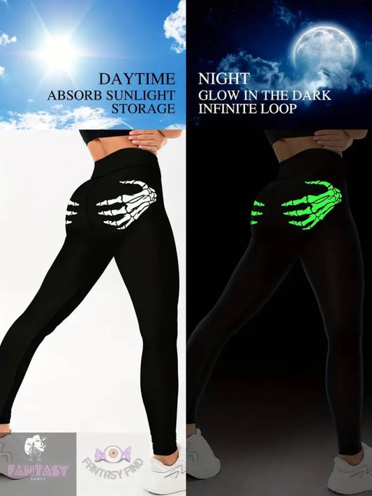 Skeleton Hands Print Sports Leggings - Black & Fluorescent (Green) Glow In Dark