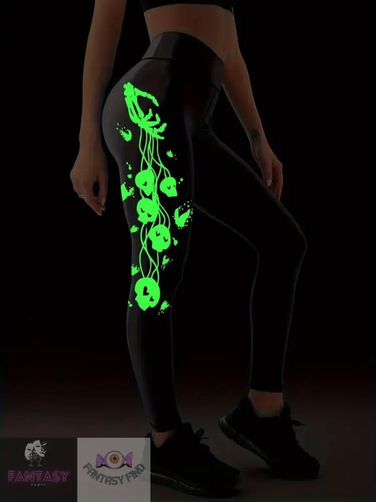 Skeleton Hands Print Sports Leggings - Black Plus Fluorescent (Green) Glow In Dark