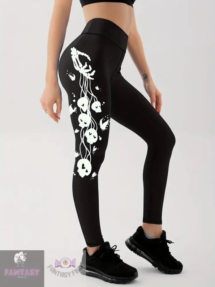 Skeleton Hands Print Sports Leggings - Black Plus Fluorescent (Green) Glow In Dark