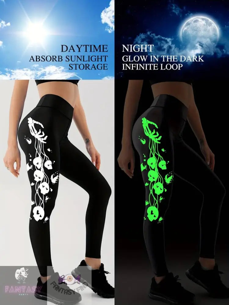 Skeleton Hands Print Sports Leggings - Black Plus Fluorescent (Green) Glow In Dark