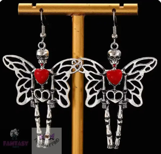 Skeleton With Wings & Heart Earrings