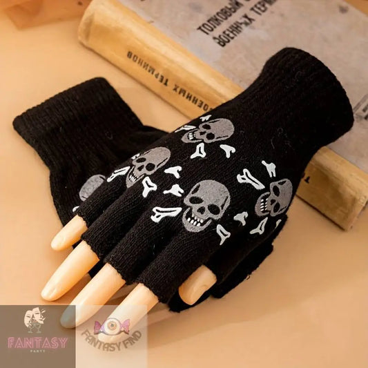 Skull Fingerless Gloves - Black Four Skulls