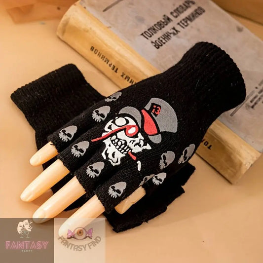 Skull Fingerless Gloves - Black Red Skull