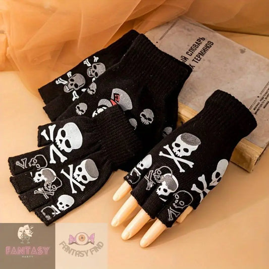 Skull Fingerless Gloves - Black Six Skulls
