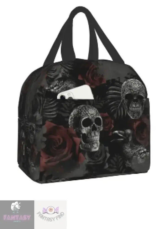 Skull With Red Roses Black Lunch Bag