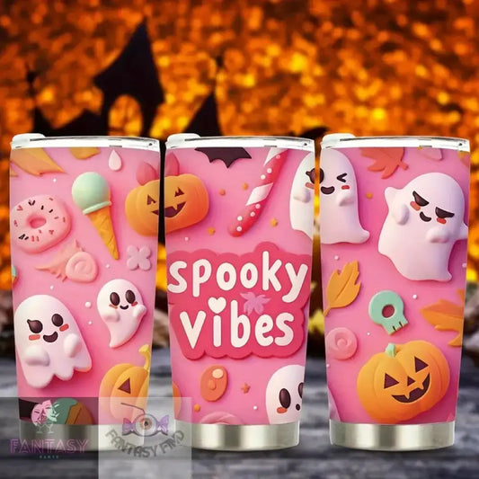 Spooky Vibes 20Oz Stainless Steel Tumbler With Lid - Ghost & Pumpkin