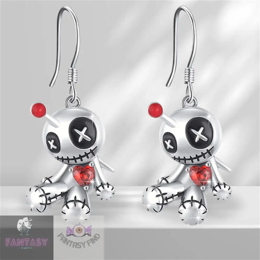 Voodoo Doll Earrings With Red Heart Charm
