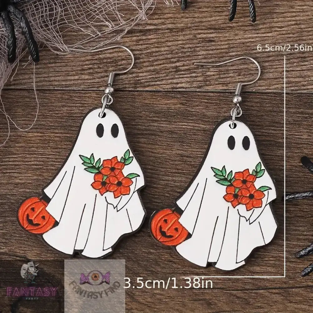 White Ghost Pumpkin Pattern Dangle Earrings