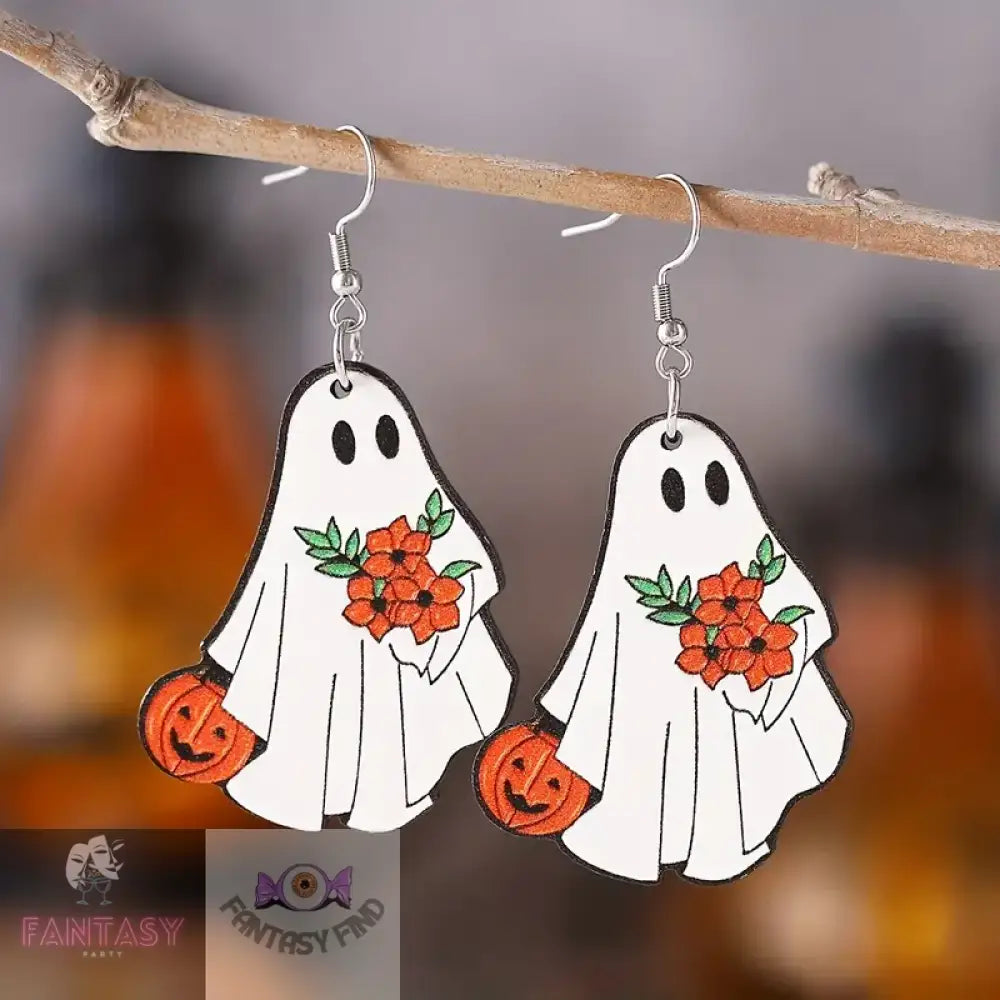 White Ghost Pumpkin Pattern Dangle Earrings